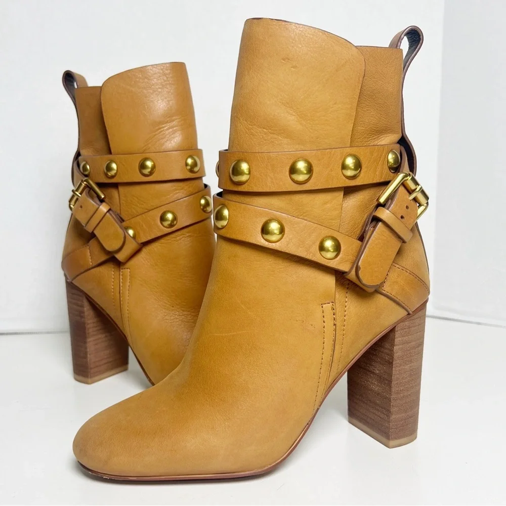 •SEE BY CHLOE• Janis Heeled Bootie in Brown Leather Gold Studded Size EU 35/US 5
